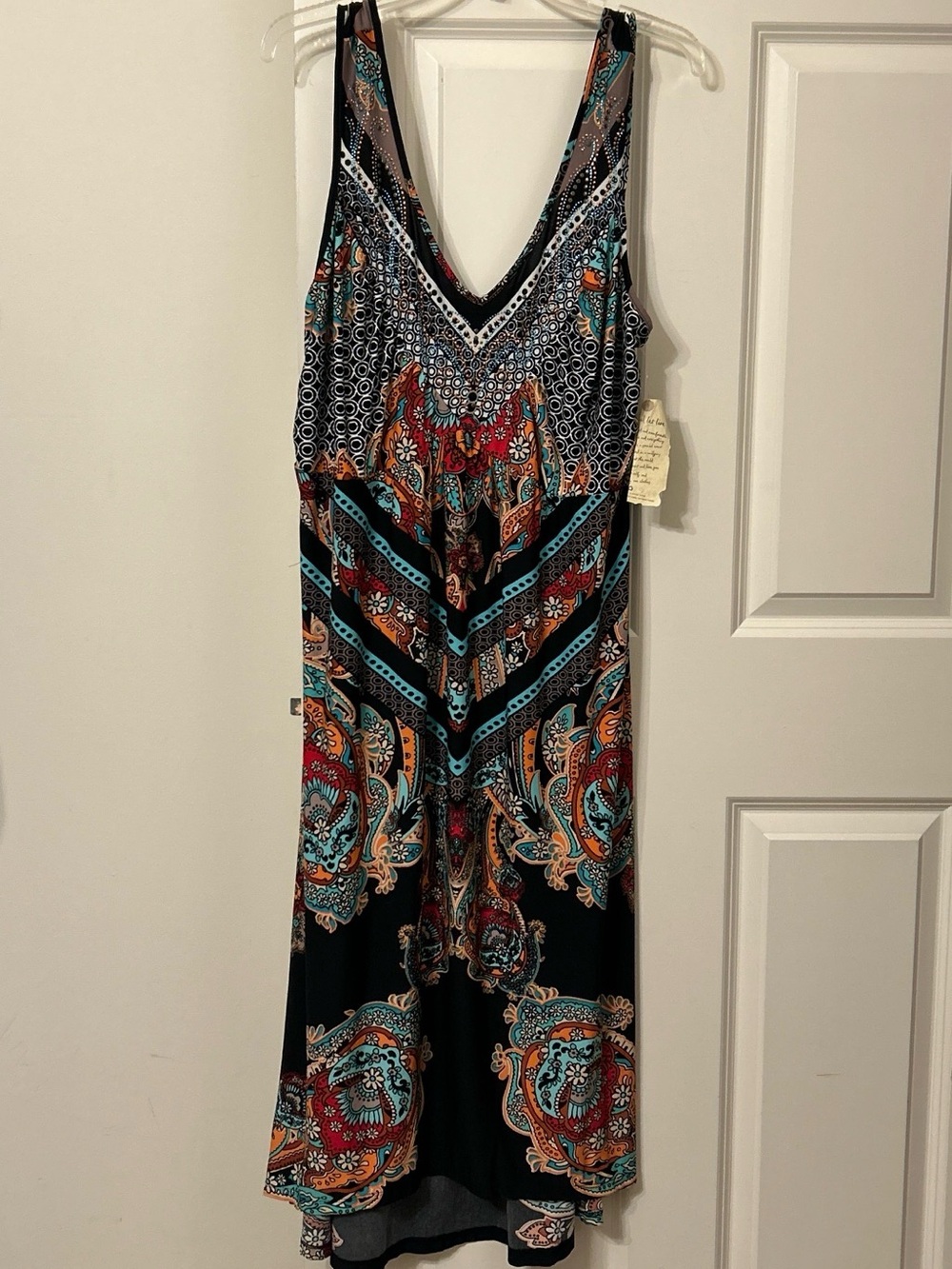 NWT ONE WORLD Sleeveless V-Neck Maxi Dress in Black with Turquoise & Red Accents - Picture 7 of 10